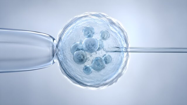 Microscopic cell development inside laboratory glassware, representing fertility science, embryology, reproductive medicine, biotechnology and genetic research