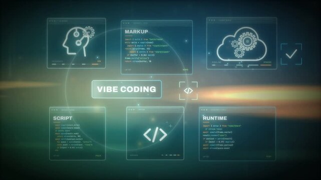 Vibe coding concept with floating code panels for AI model cloud build and runtime windows