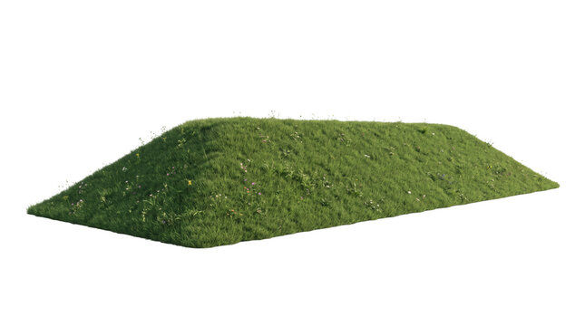 Triangular angular green grass embankment ramp berm with geometric sloping sides and turf lawn. Architectural earthworks landscape topography element on white background template display.