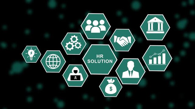 Hr solution concept featuring animated hexagonal infographic representing human resources, corporate management, global recruitment, financial growth, and digital security strategies