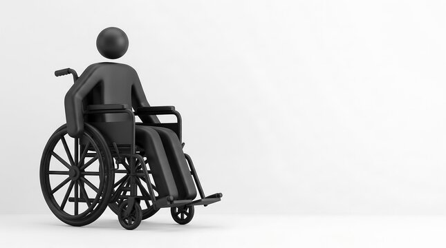 Black humanoid icon in a manual wheelchair facing right on a clean white background with copy space