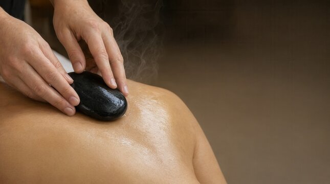 Close-up therapist placing black hot stone on client's back during relaxing spa massage therapy with oiled skin for wellness and stress relief.