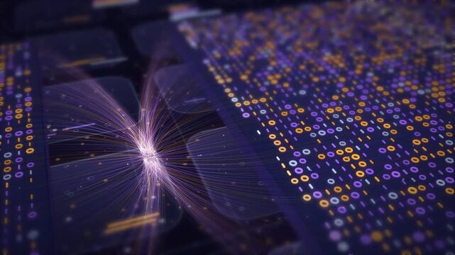 Binary code field of glowing zeros and ones drifting in perspective with a light burst