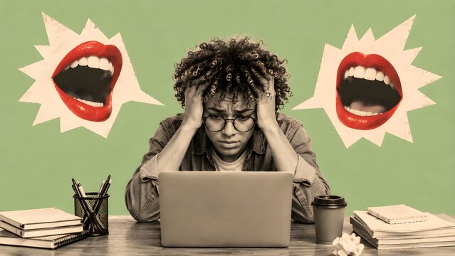 Stressed woman working on laptop with surrounding voices and books representing workplace pressure cyberbullying digital overload communication and mental stress