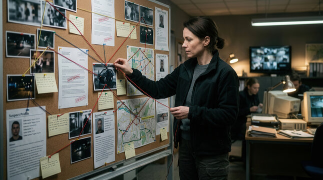 Detective Investigating Complex Case On A String Board In A Gritty Office