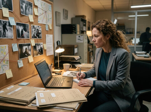 Detective Working On Caseboard And Laptop In Office