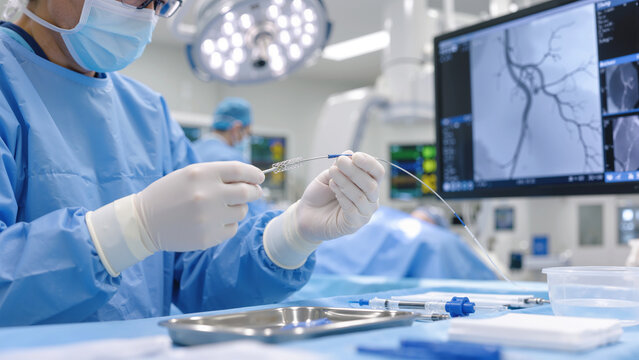 Interventional Cardiologist Preparing Stent and Catheter for Angioplasty Surgery in Modern Cardiac Operating Theater with Angiography Monitor