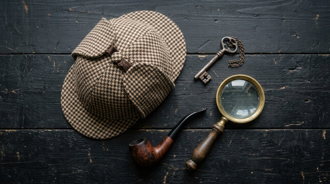 Detective Themed Still Life With Classic Accessories On Dark Wood