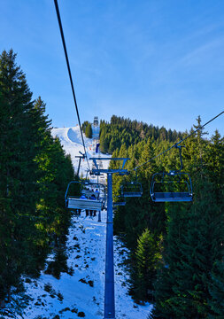 Chairlift ride up through spruce forest at Zell am See