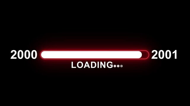 Digital progress bar animation transitioning from year 2000 to 2001 with glowing red neon loading indicator for retro tech projects, time travel concepts, and millennium celebration visual effects