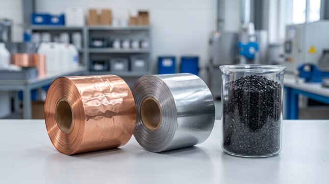 Battery recycling materials featuring recovered copper foil aluminum foil and processed black mass in industrial laboratory setting