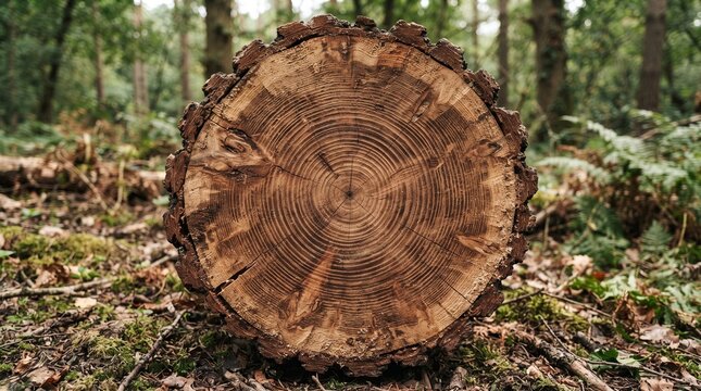 Close-up view of a freshly cut tree trunk lying on the forest floor. The wood grain is clearly visible, showing concentric rings of growth, and the bark is rough and textured.