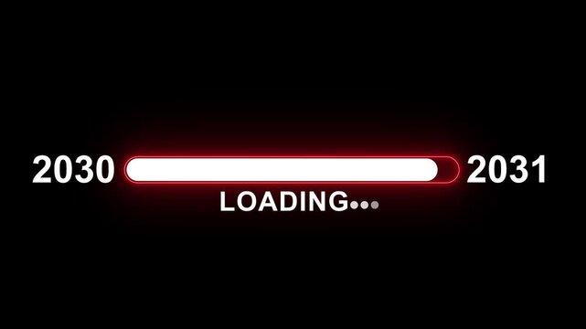 Futuristic digital loading bar progress indicator transitioning from year 2030 to 2031 with glowing red neon effects and smooth motion for technology presentations and software interface