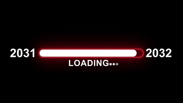 Futuristic digital loading bar animation transitioning between years 2031 and 2032 with glowing red neon progress indicator and minimalist typography for modern technology and data processing projects