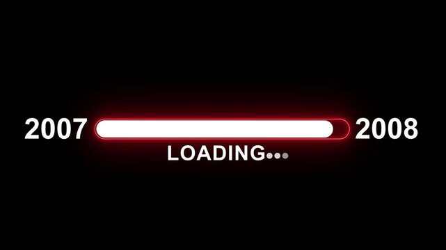 Dynamic digital loading bar animation transitioning between years 2007 and 2008 with glowing red progress indicator and minimalist typography for retro technology and nostalgic software interface
