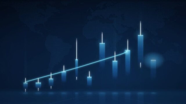 Rising candlestick stock chart with uptrend line growing over dark blue world map