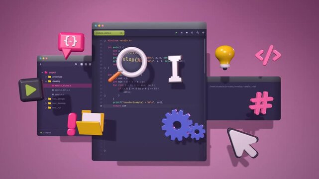 Software development 3D scene with code editor typing script and glowing light bulb idea