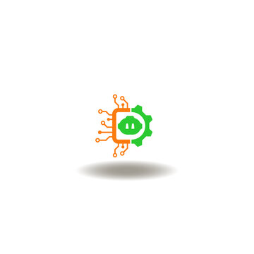 Vector illustration of robot head with microprocessor and gear. Symbol of artificial intelligence cyberspace computing technology.