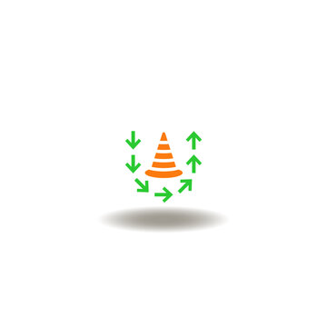 Vector illustration of traffic cone and arrows indicating path around hazard or obstacle. Icon of mistakes to avoid.