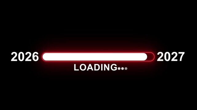 Futuristic digital loading progress bar animation transitioning from year 2026 to 2027 with glowing red neon light effects and minimalist ui for new year countdown and tech project timelines