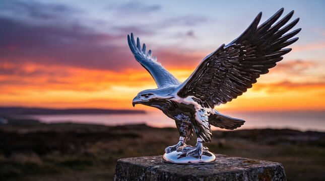 Chrome eagle statue with spread wings outdoors at sunset on the coast