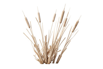 Fototapeta na wymiar Slender bunch of wild golden bulrush cattail reeds with dried brown cylindrical seed spikes. Wetland aquatic marsh ornamental botanical plant on pure white background template display setting.