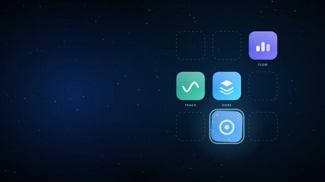 Product suite app icon grid assembling one by one with module labels on dark blue background