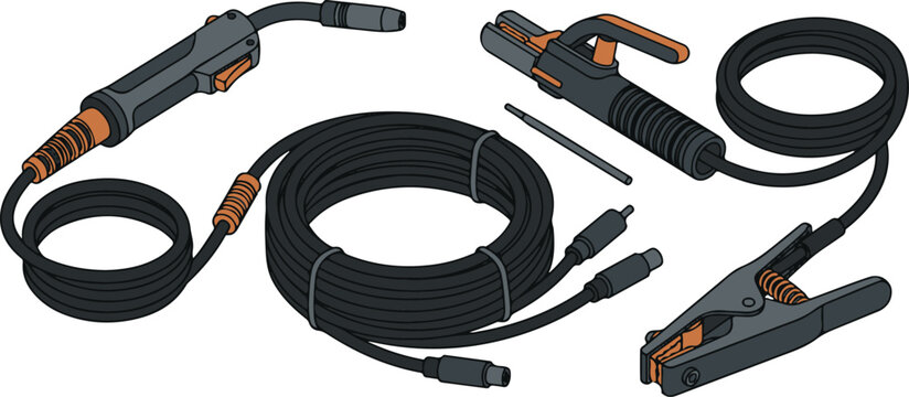 Welding equipment set including torch, cables, electrode holder, and ground clamp vector illustration