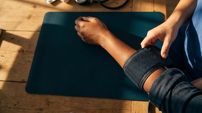 Close-up of a healthcare provider wrapping a blood pressure cuff around a patient's arm during a medical checkup