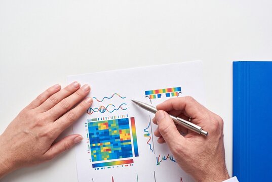Scientist analyzing genetic data and colorful scientific heatmap charts on desk with a silver pen