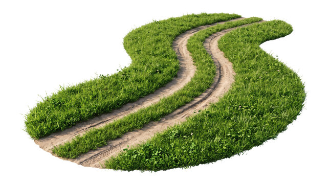 Curving rural country dirt road with parallel vehicle tire tracks winding through green meadow. Unpaved farmland transportation pathway terrain on pure white background template display.