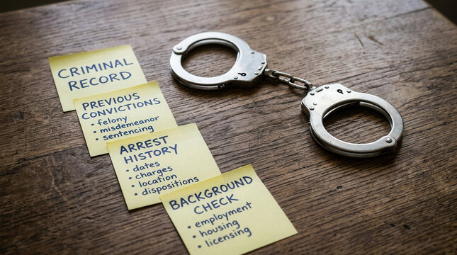 Criminal Record And Arrest History Handcuffs On Wooden Surface