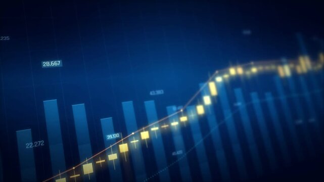 Golden candlestick chart with blue volume bars moving across a dark financial data background