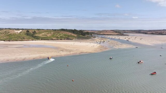 View of River Camel Estuary from a drone at low tide over Padstow and Rock, Cornwall, England, United Kingdom, Summer 2026