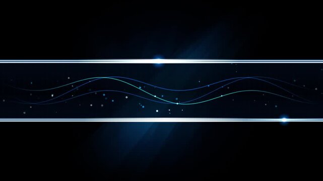 Abstract technology background with glowing blue light waves and digital particles in a dark header tech background light lines data stream network