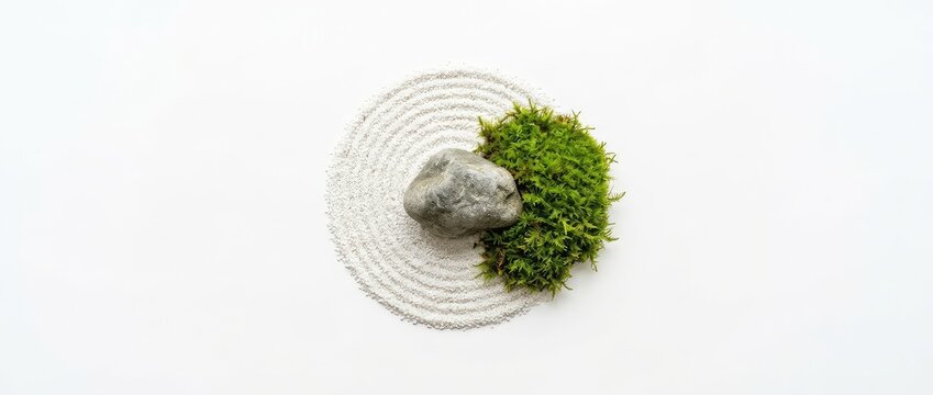 Zen Garden Concept With Stone And Moss On White Sand