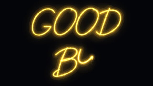 Animated neon yellow goodbye text sign, glowing handwritten script lettering for ending screen or farewell message