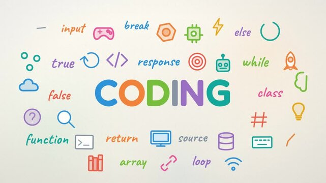 Colorful hand drawn coding word doodle with programming icons on a white paper background