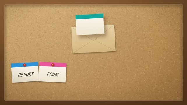Envelope dropping six labeled paper notes that pin in a row on a cork bulletin board
