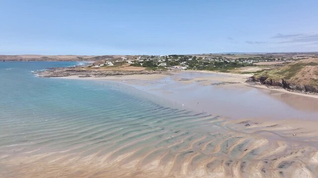 View of River Camel Estuary from a drone at low tide over Padstow and Rock, Cornwall, England, United Kingdom, Summer 2026