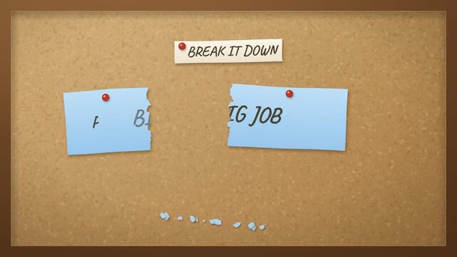 Big task note tearing into three smaller plan build and check notes on a cork board