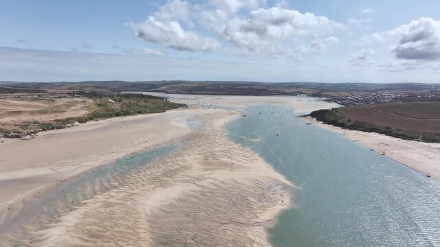 View of River Camel Estuary from a drone at low tide over Padstow and Rock, Cornwall, England, United Kingdom, Summer 2026