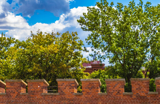 The crenellated brick wall at Wawel Castle, Krakow, Poland