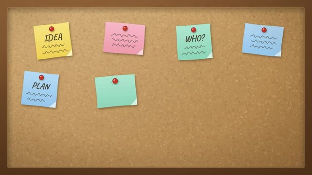 Brainstorm idea board filling with colorful sticky notes linked by red string on cork