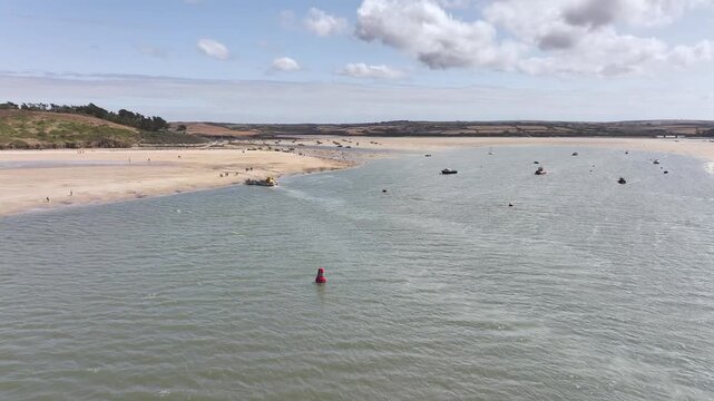 View of River Camel Estuary from a drone at low tide over Padstow and Rock, Cornwall, England, United Kingdom, Summer 2026