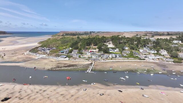 View of River Camel Estuary from a drone at low tide over Padstow and Rock, Cornwall, England, United Kingdom, Summer 2026