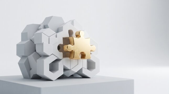 golden puzzle piece fitting into white abstract geometric structure for final solution and key strategy concept