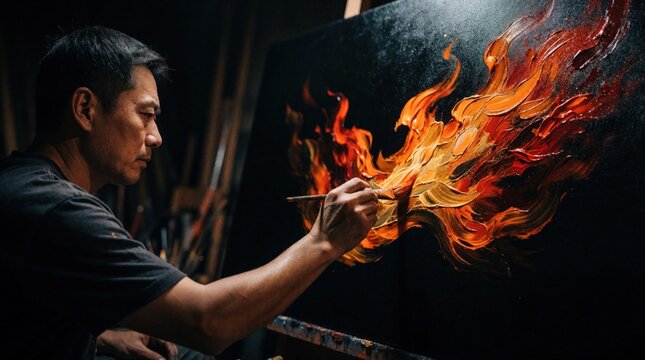 Asian male artist paints abstract orange fire flames on black canvas in dark art studio. Talented painter uses brush to create fine art masterpiece. Creative man works on oil painting in professional
