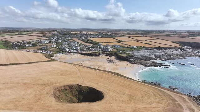 View of Trevone Round Hole over Trevone Bay from a drone, Trevone, Padstow, Cornwall, England, United Kingdom, Summer 2026