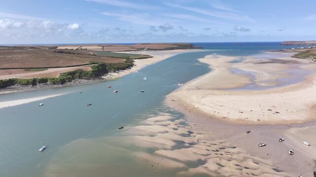 View of River Camel Estuary from a drone at low tide over Padstow and Rock, Cornwall, England, United Kingdom, Summer 2026
